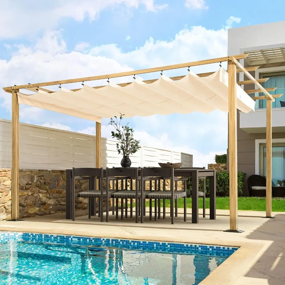 

Outdoor Pergolas,10X 13 Wood-Grain Aluminum Pergola Adjustable Sun Shade Canopy with Retractable Roof, Outdoors Garden Gazebos