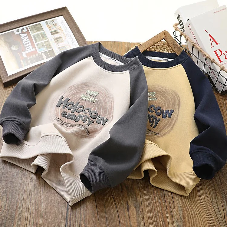 2024 Korean Spring Autumn School Boy Pullover Tops Elementary Boy Letter Printed Contrast Sweatshirt Children Boy Sport Shirt