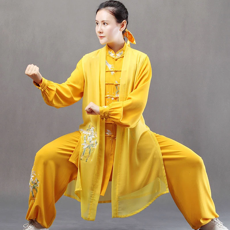 Custom Golden Butterfly & Bamboo Tai Chi Suit, New Unisex Embroidery Practice Wear for Martial Arts