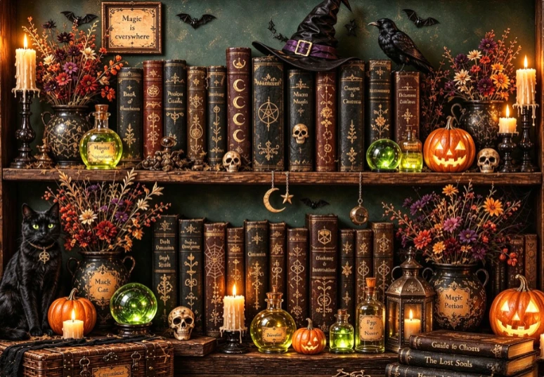 Jigsaw Puzzle 500/1000/1200/2000PCS Halloween Witch Shelf Magic Books Potion Bottle Raven Skull DIY Assembling Home Decor