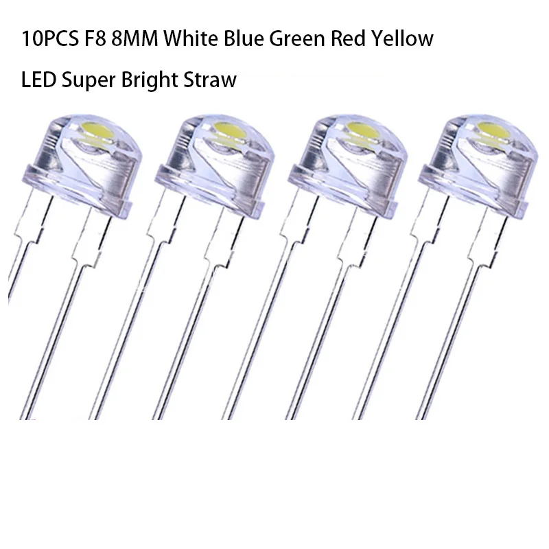 10PCS F8 8MM 0.5W 3.0-3.2V Super Bright Straw Hat Emitting Diode LED Lamp White Blue Green Red Yellow New Good Quality