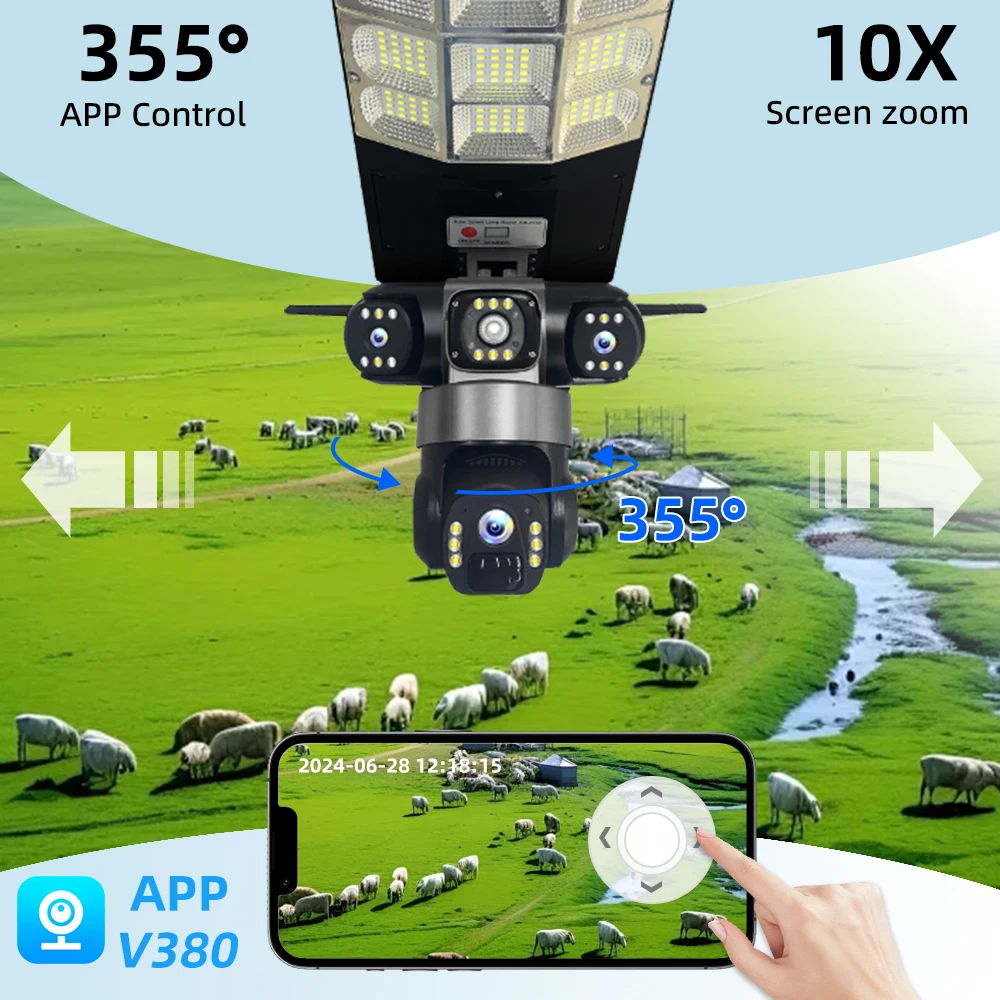 Outdoor 4G Solar Camera Triple Lens Waterproof PIR Human Detection Color Night Vision LED Street Light V380 Pro Remote Control