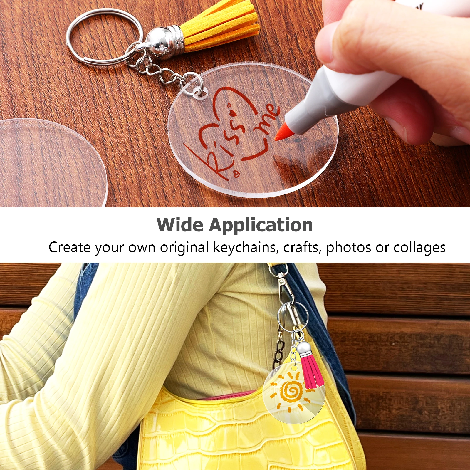 

120 Pcs Acrylic Key Chain Blanks Keyrings Circle Heart Shaped Crafting Gifts DIY Project Kit Tassel Pendants Jewelry Making