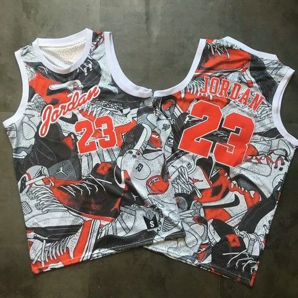Zapatillas Graffiti con Estampado Completo Jordan # 23 Chaleco de baloncesto sin mangas con borde blanco de malla, chaleco deportivo de moda estilo hip-hop para entrenamiento