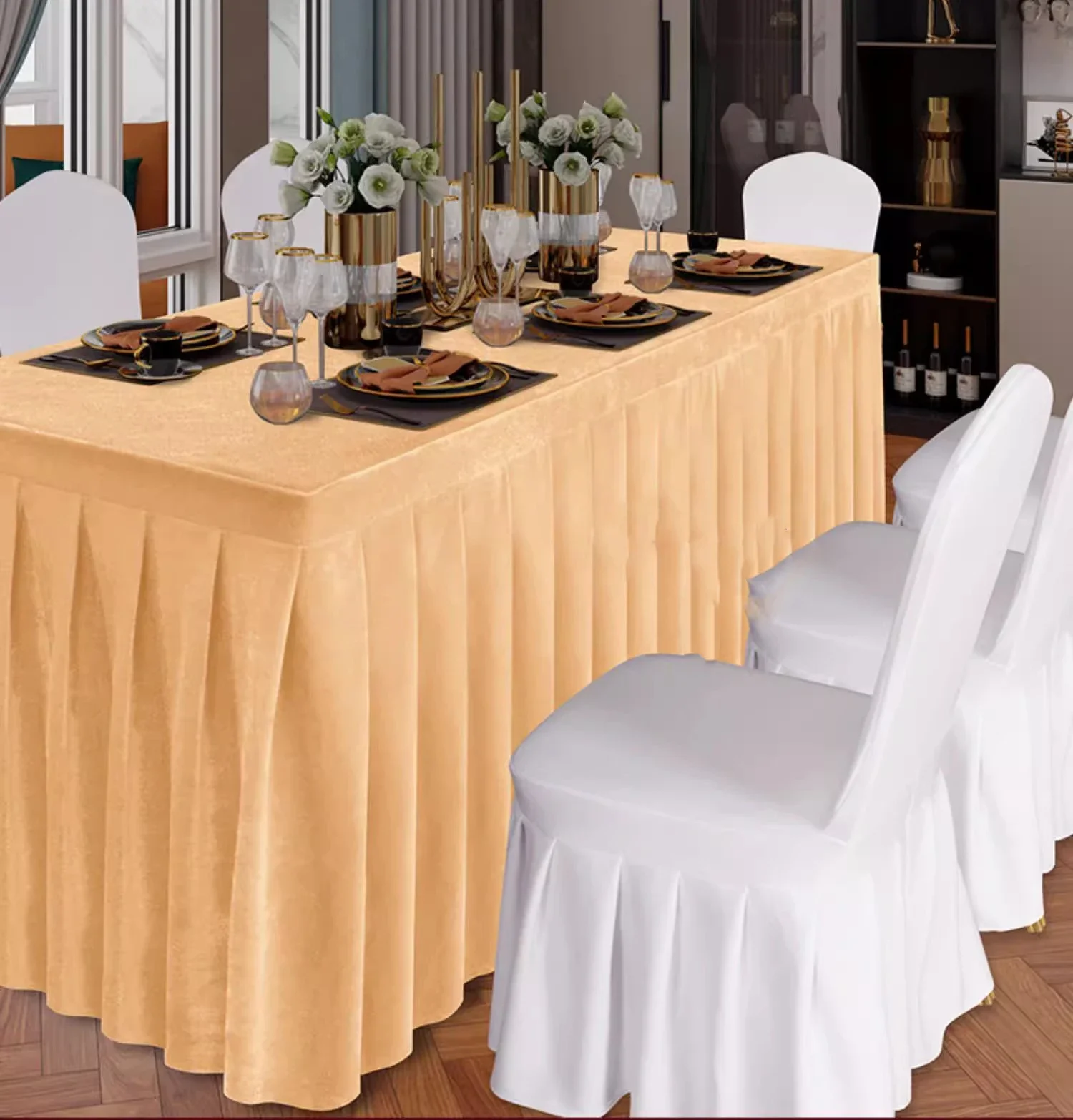 Ruffled Wedding Table Cover Rectangle Table Skirt Table Cloth Box Cover Pleated for Banquet Hotel Party Restaurant Decoration