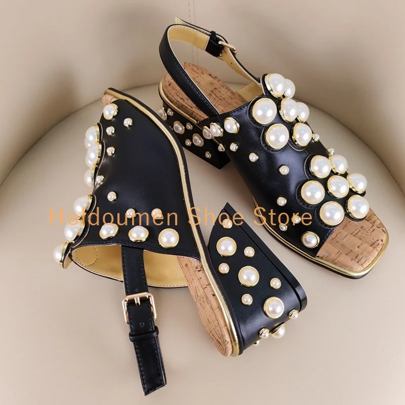 Luxury Pearl String Bead Square Toe Vintage Sandal Fashion Slingback Buckle Strap Square Pearl Embellished Heel Gladiator Sandal