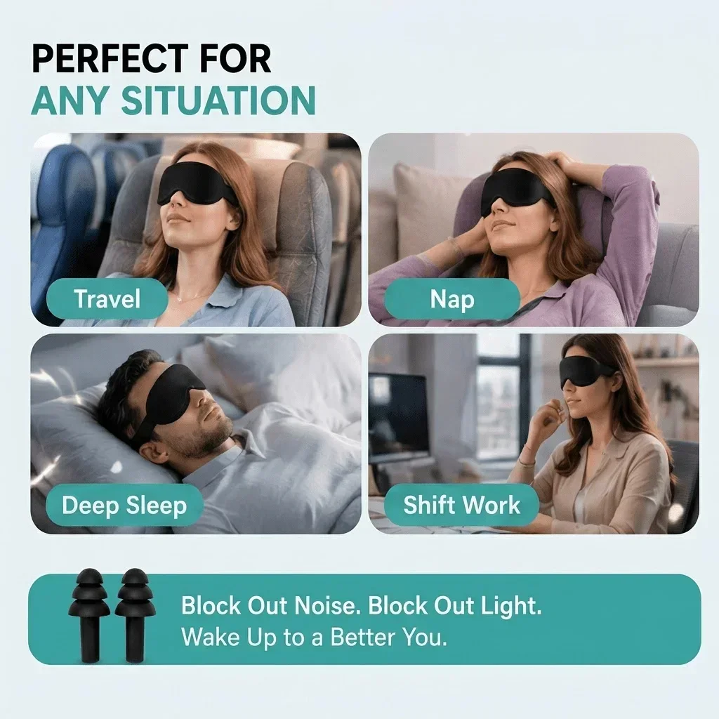 3D Contoured Sleep Mask with Earplugs Set 100% Light Blocking Eye Mask Soft Breathable Travel Sleeping Mask for Women Men