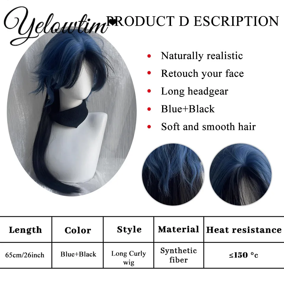 Synthetic Wig Wolf Tail Mullet Fish Head Wig Long Hair Blue and Black Jellyfish Head Long Straight Hair Versatile COS Full Head