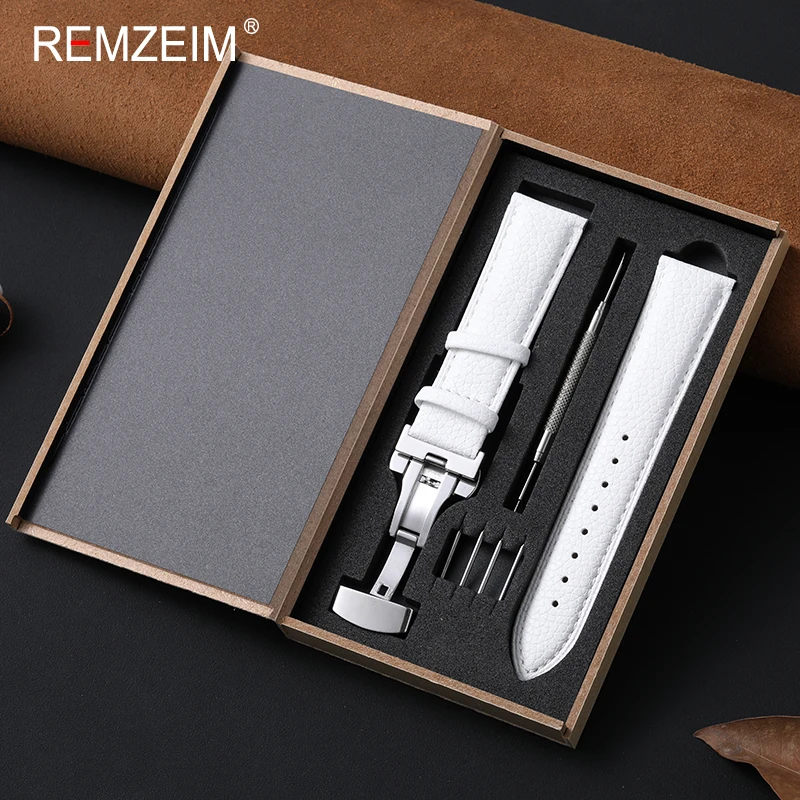Lässiges Leder-Uhrenarmband mit Litschi-Muster und Schmetterlingsverschluss, Geschenkbox inklusive, 18mm 20mm 22mm, bequemes Unisex-Armband
