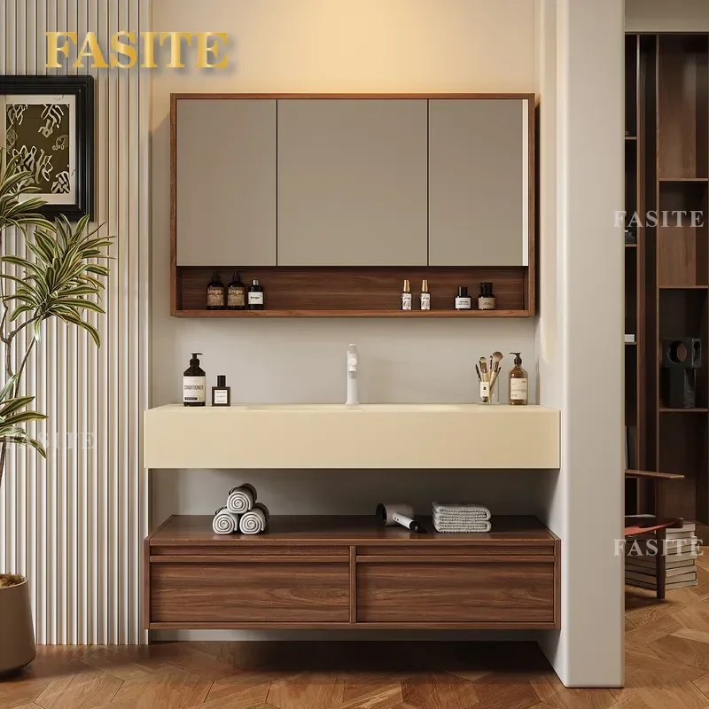 For Medieval Style Rock Slab Hot Bending Integrated Basin Bathroom Cabinet Solid Wood Combination Intelligent Hand Washing