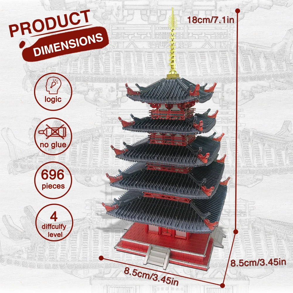 Piececool 3D Metal Puzzles Five-storied Pagoda DIY Model Building Kits Metal Assembly Constructor Toy Jigsaw Gifts for Teens