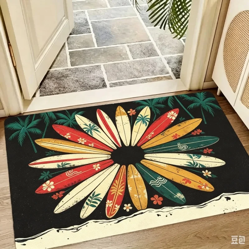 Retro Surfboard Palm Tree Beach Print Entry Doormat,Tropical Summer Style Floor Mat Indoor Household Surf‑theme Floor Decoration