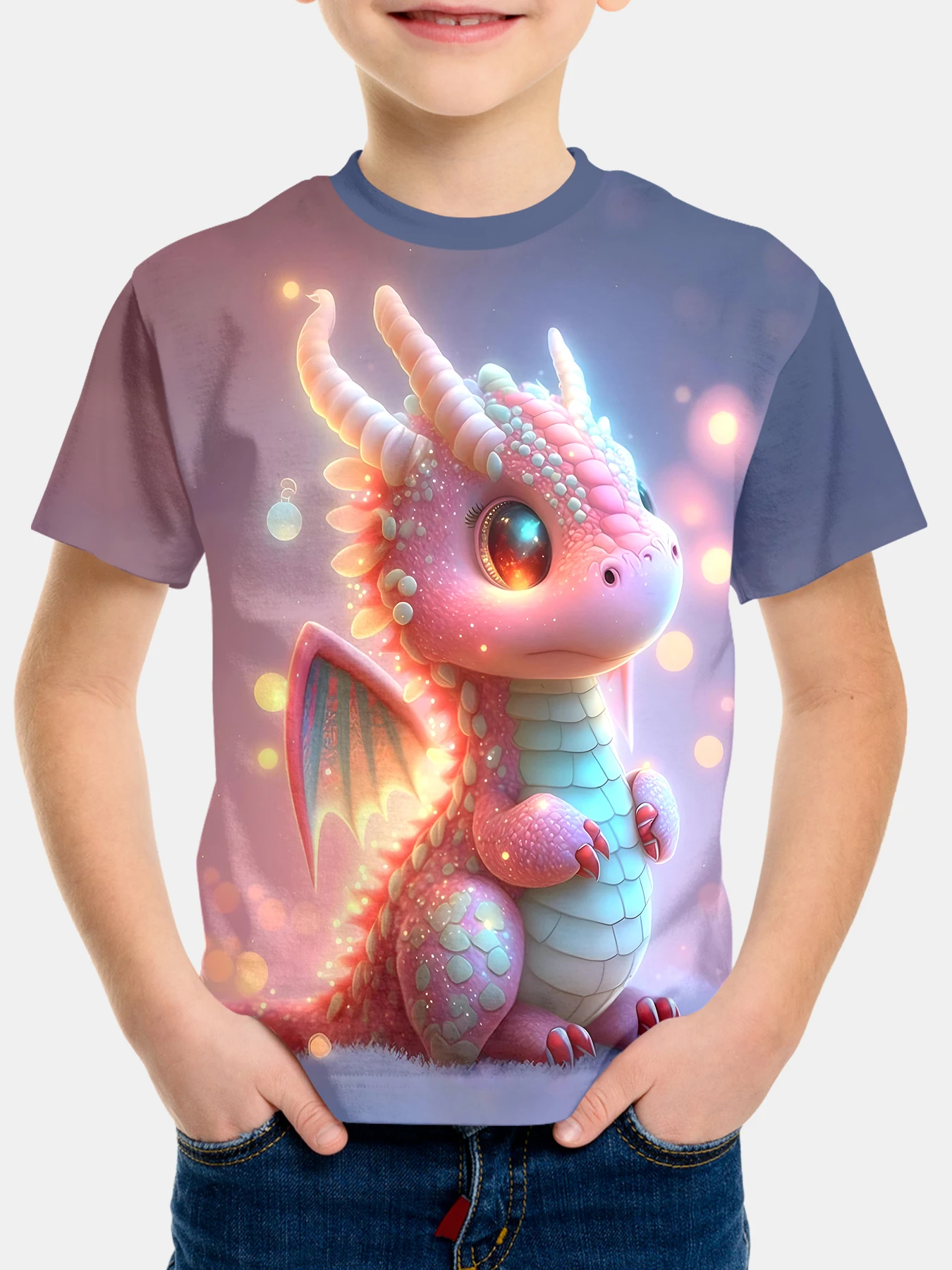 

Boys'Cute Dinosaur summer round neck short sleeved T-shirt, casual lightweight and comfortable top, 3D printed