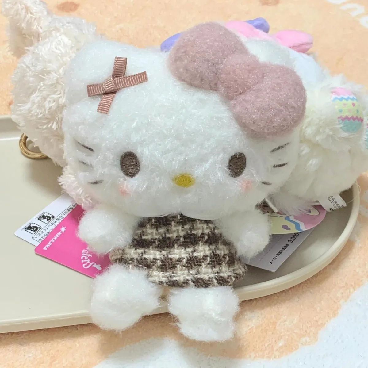 Hello Kitty Keychain Pendant Cartoon Plush Toys A Mocha Plaid Dress KT Cat Stuffed Plushies Key Ring Plush Gifts