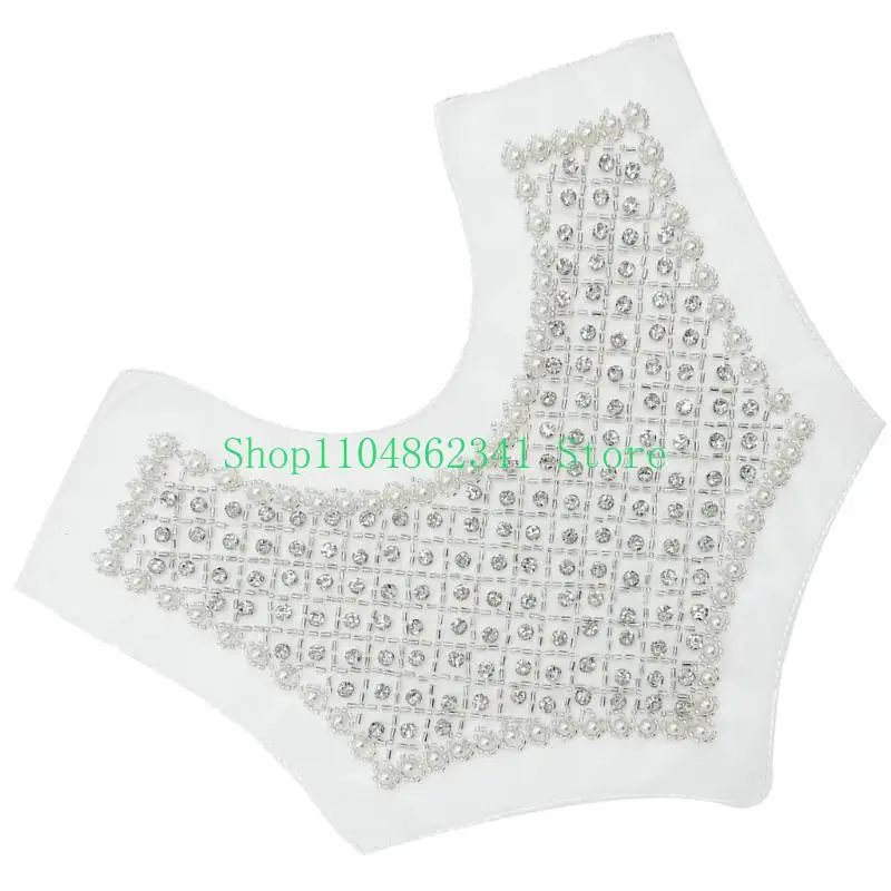 5ASD أنيقة أورجانزا من طوق الدانتيل خط العنق مع أحجار الراين لؤلؤة الخرز خياطة على بقع لثوب الزفاف فستان DIY