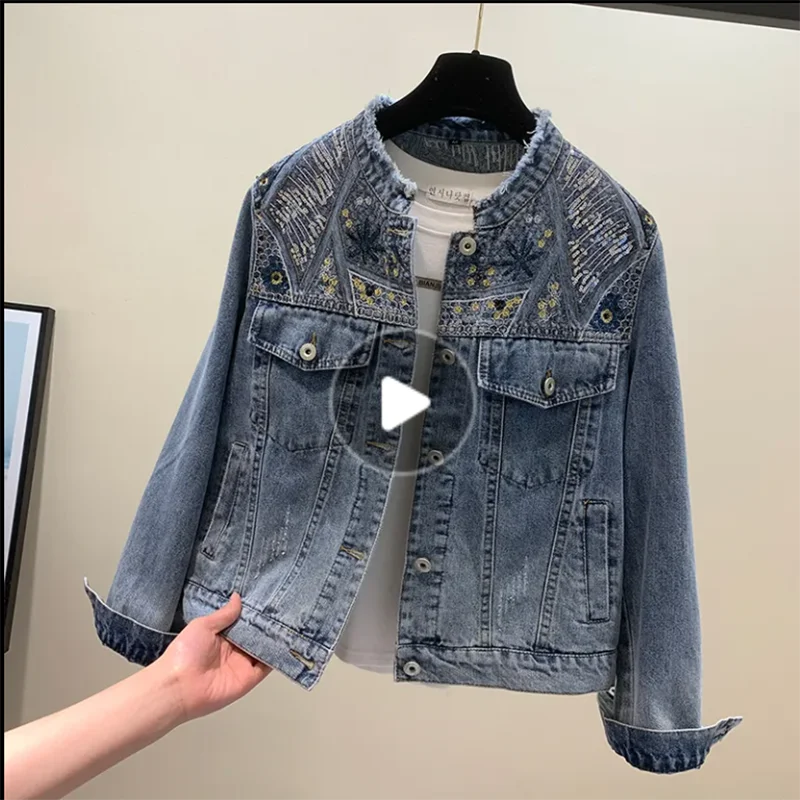 Women's Beaded Denim Jacket Spring 2026 New Style Sequin Embroidery Retro Short Biker Jacket Top