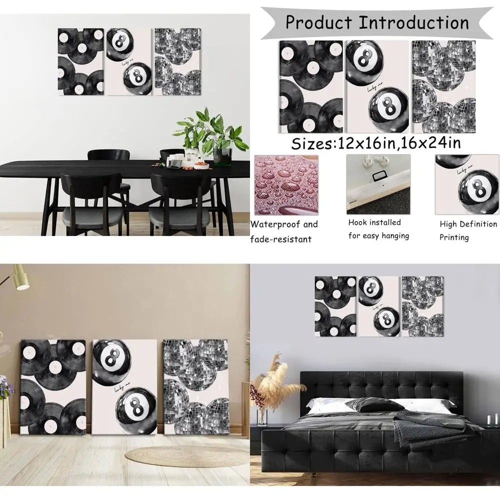 

Modern Black & White 8 Ball Canvas Art for Home, 16x24in Framed Wall Decor