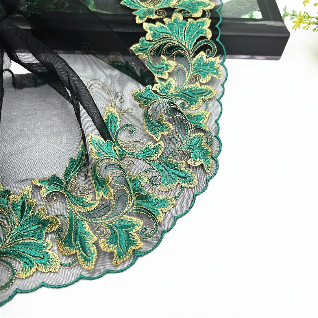 3y/lot Width 19cm Black Green Golden Shimmer Embroidery Lace Trim For Skirt Hem Clothes Sewing Material DIY Apparel Dress Fabric