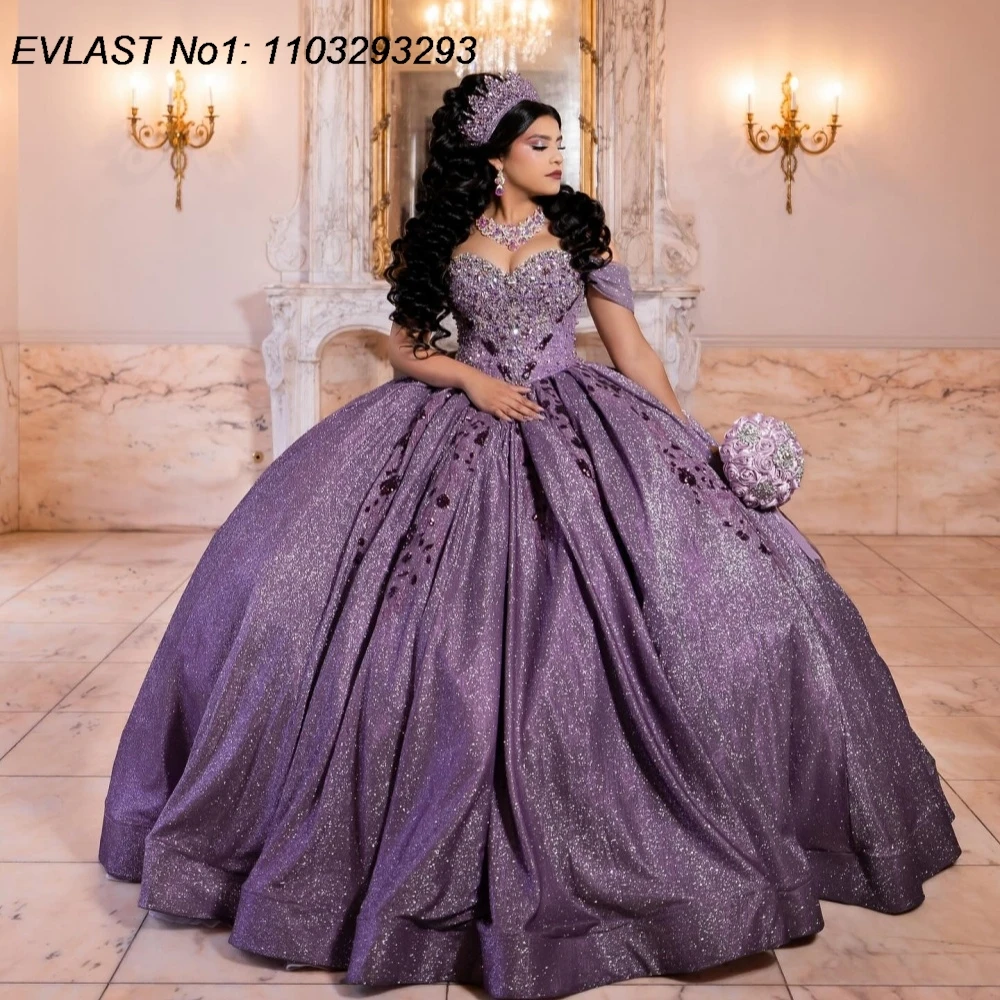 

EVLAST индивидуальное мексиканское фиолетовое платье Quinceanera, бальное платье с блестящей аппликацией, расшитое кристаллами и бисером, Sweet 16, Vestidos De 15 Anos E1QN473