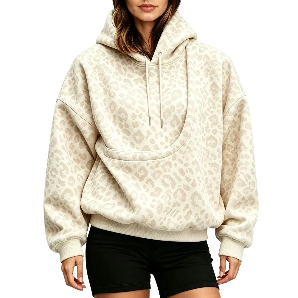 Casual Leopard Print Sweatshirt Double Layer Hood Oversized Hoodie Portable Pet Pocket Long Sleeve Pullover Sweatshirt Winter