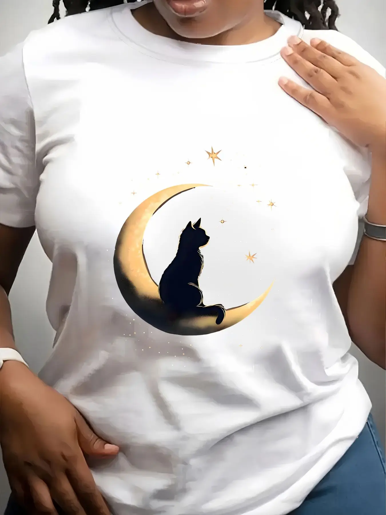Women's Trendy Crew Neck T-Shirt Cat Sitting on Crescent Moon Suitable for Casual Sportswear