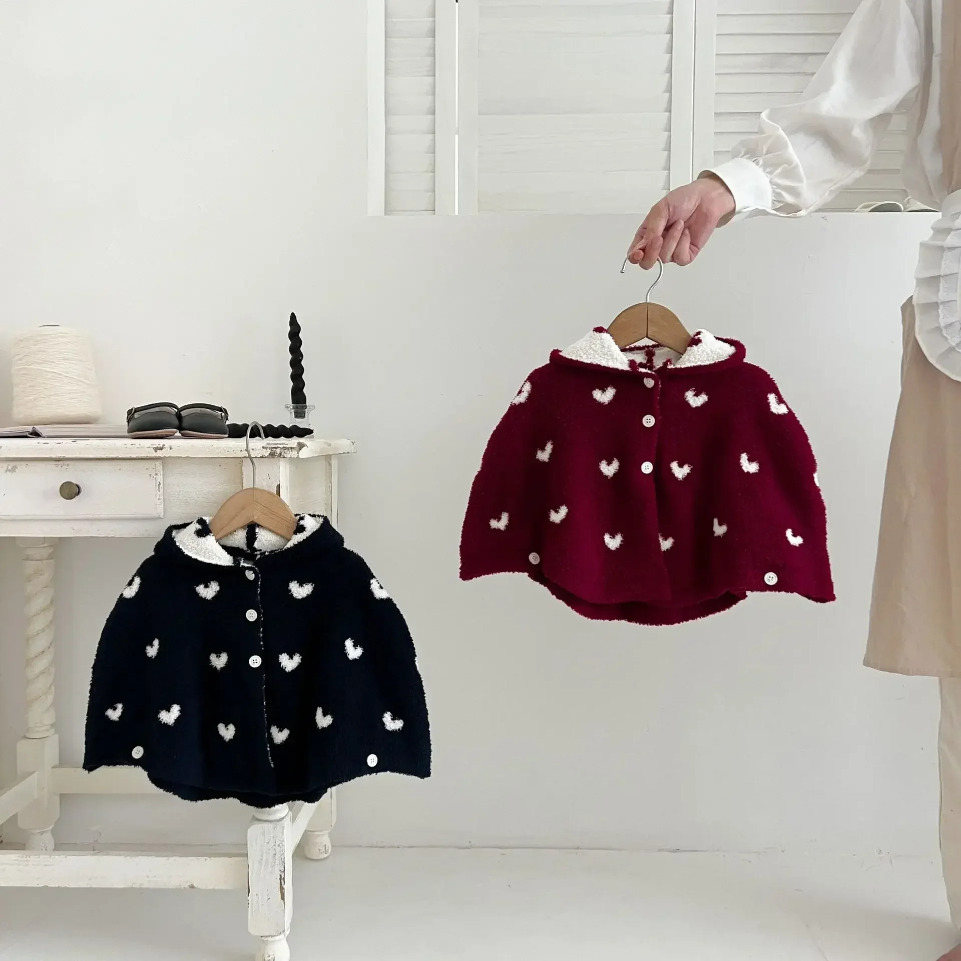 4361 Buy 2pcs Wholesale New Baby Knitted Half Velvet Love Cloak 2024 Autumn and Winter Baby Girl Coat Hooded Coat Shawl.