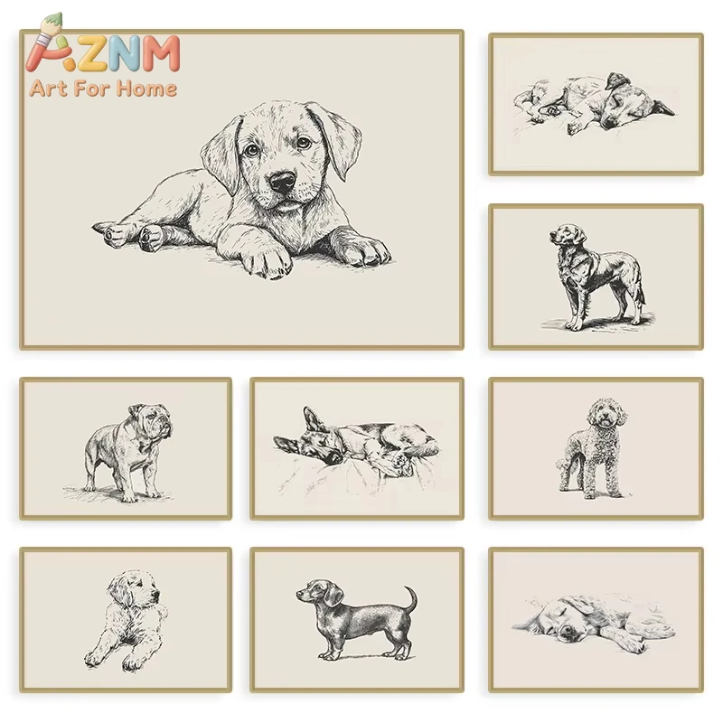 1PC Vintage Dog Golden Retriever Puppy Poster Abstract Animal Portrait Canvas Painting Farmhouse Wall Art for Living Room Decor
