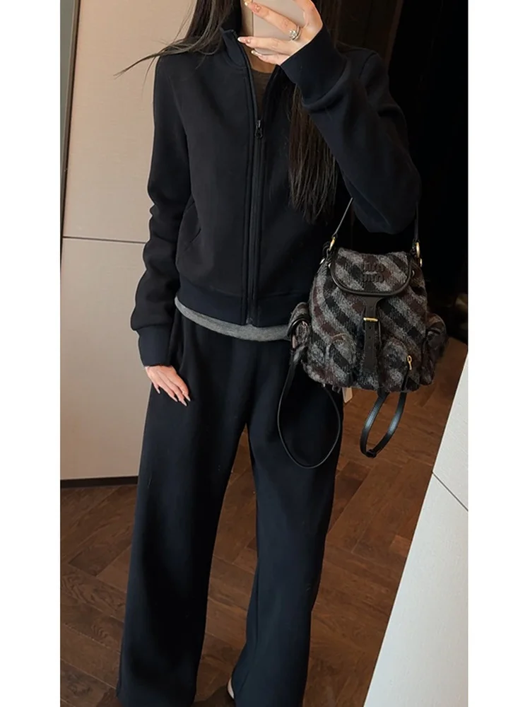 

Mimius Casual Woolen Hoodie Set for Women Stand Collar Thiened Two-Piece Suit Autumn Winter Spring Season Universal Faion