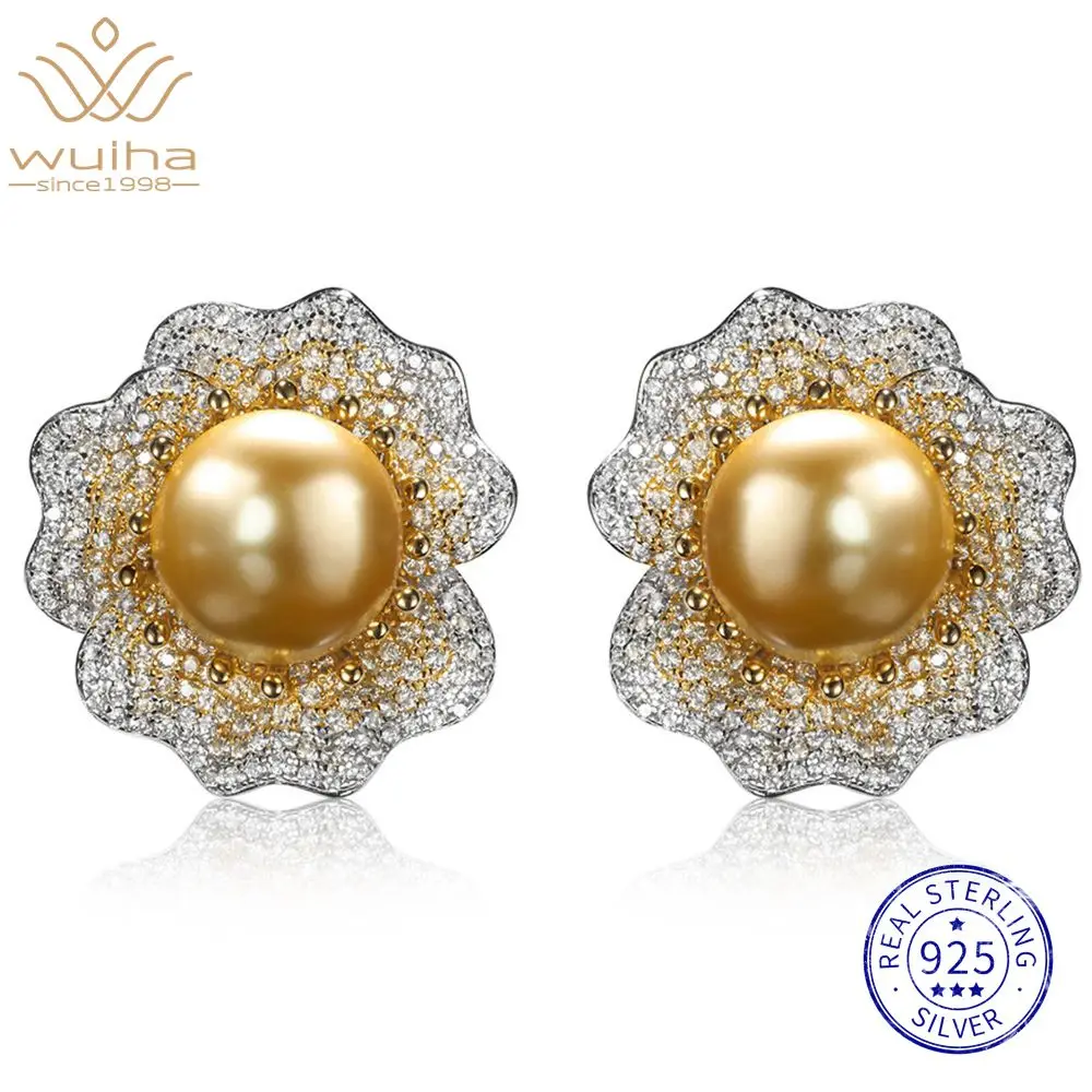 WUIHA 925 Sterling Silver Pearl High Carbon Diamonds Gemstone Flower Earrings Ear Studs Anniversary Fine Jewelry Drop Shipping