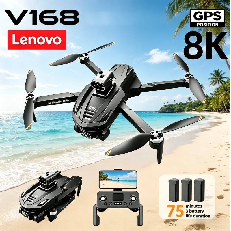 Lenovo V168 GPS Drone 8K Three Camera FPV Four-way Obstacle Avoidance Foldable RC Quadcopter