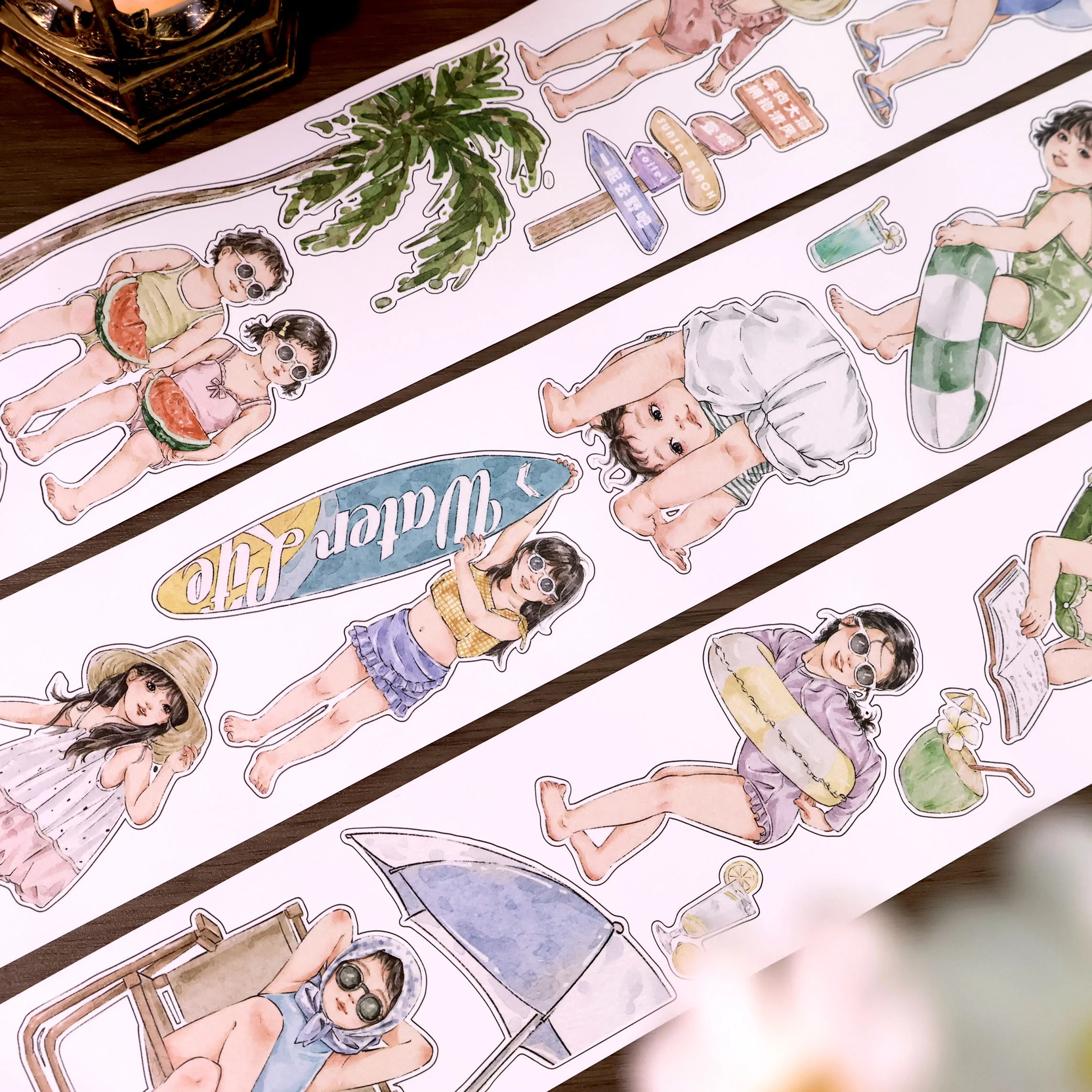 v1 Summer Beach Cute Character Sticker PET Die Cut Washi Tape for Scrapbooking Journal DIY Craft Decoration