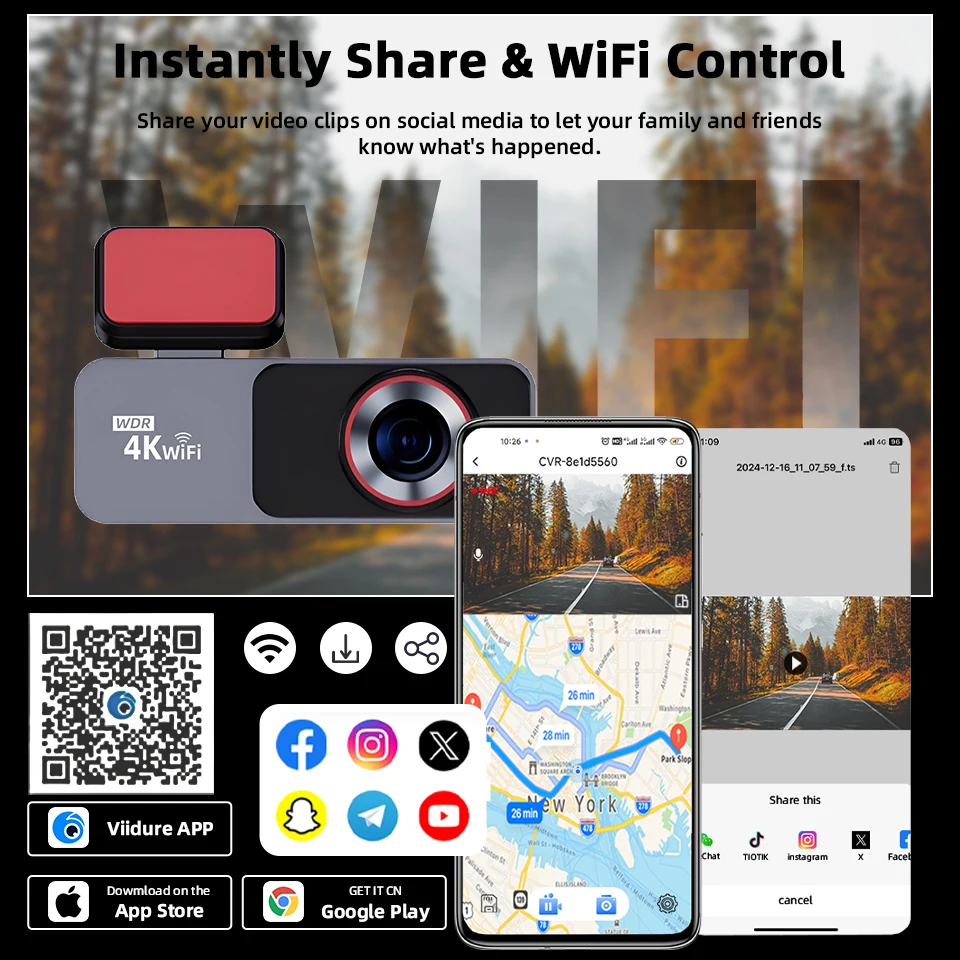 Yangood 4K Dashcam 2.99 بوصة جهاز تسجيل فيديو رقمي للسيارات حلقة تسجيل مسجل فيديو يدعم WIFI GPS للرؤية الليلية 24H وضع وقوف السيارات الصندوق الأسود #4