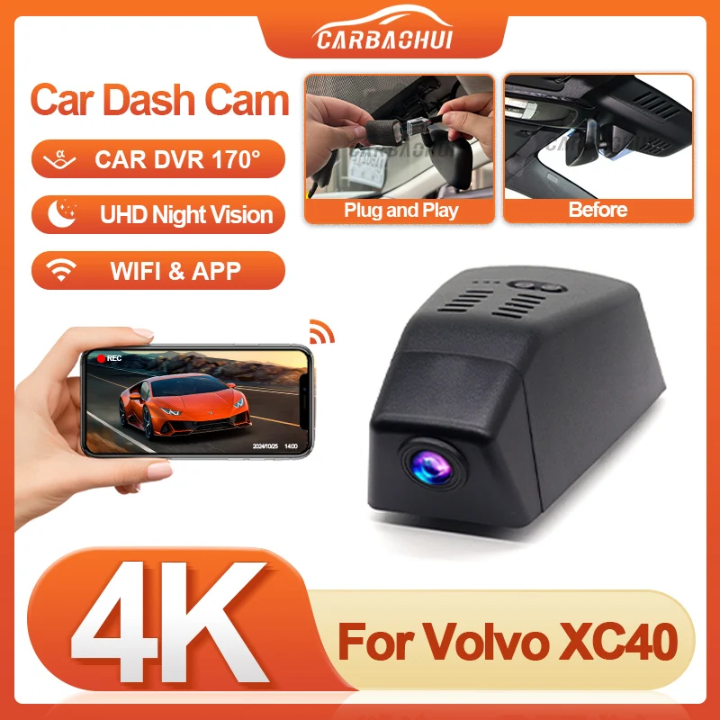 

Автомобильный видеорегистратор Plug and play для Volvo XC40 2017-2025, видеорегистратор 4K, камера Wi-Fi, аксессуары для видеорегистратора, UHD 2160P для XC40