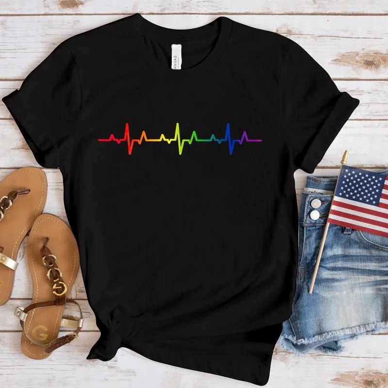 New LGBT Heartbeat Printing T-Shirt Fashion Women Men Short Sleeve Summer Cool Hip Hop Top Tee