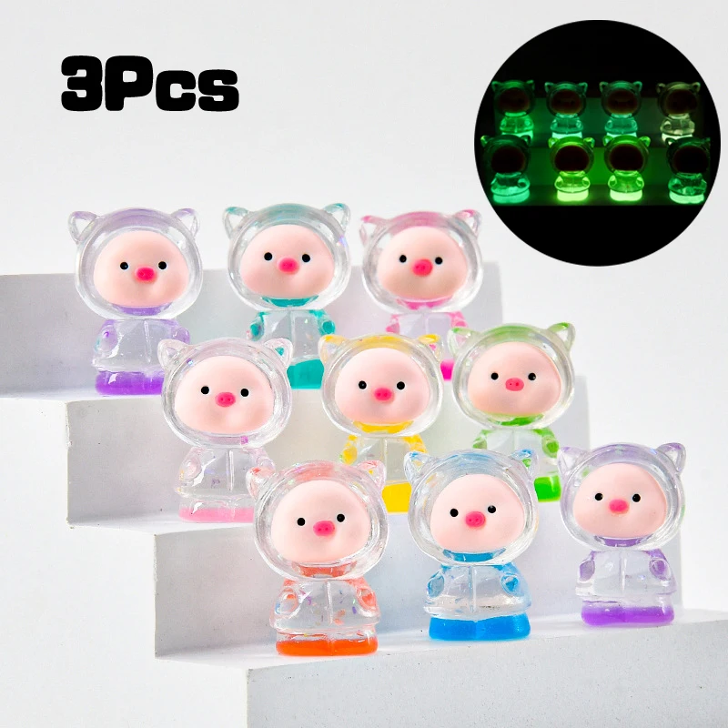 3Pcs Luminous Raincoat Pig Figurine Cartoon Piggy Micro Landscape Ornament Car Interior Home Desktop Decoration