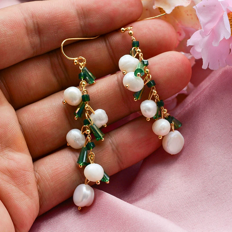 New Arrival Trendy Green Crystal & Natural Freshwater Pearl 14K Gold Filled Female Tassels Drop Earrings Jewelry For Women Gifts