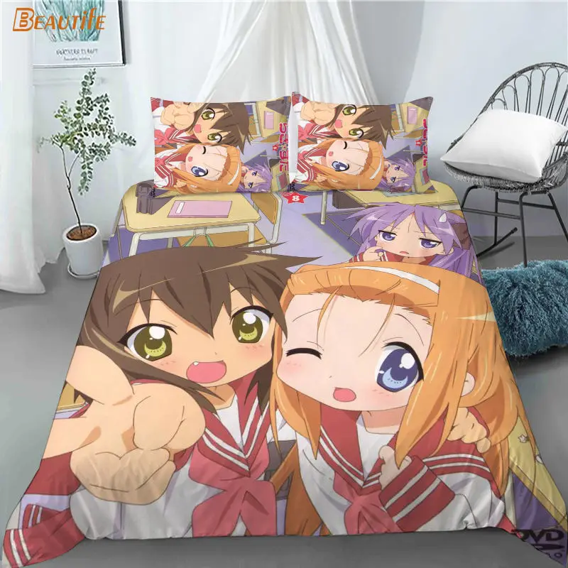 Custom Lucky Star Anime Girl 3 Pcs Duvet Cover Set Fashion Bedding Sets Comforter Duvet Cover Pillowcase Home Textiles