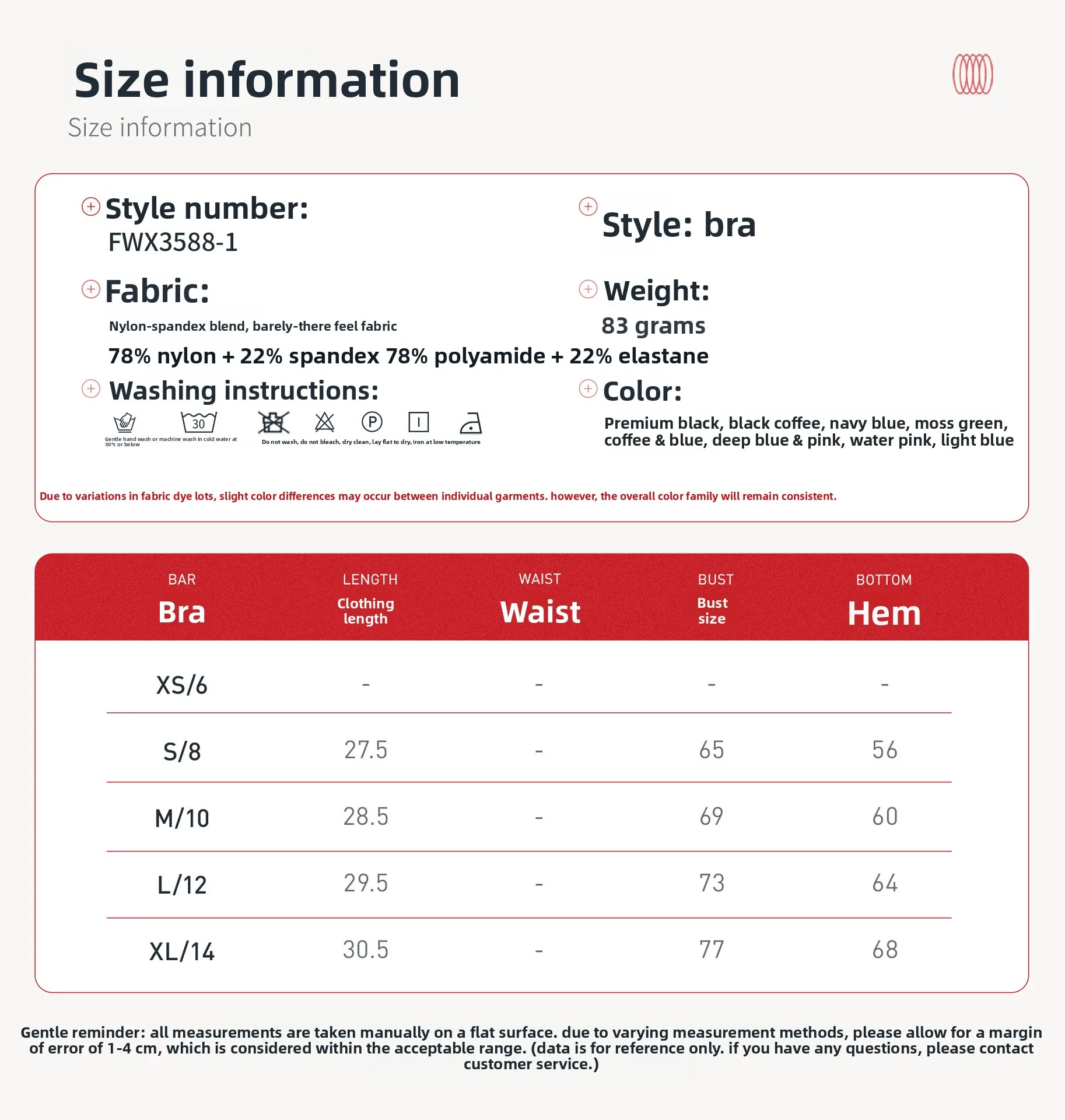 Size chart and fit details