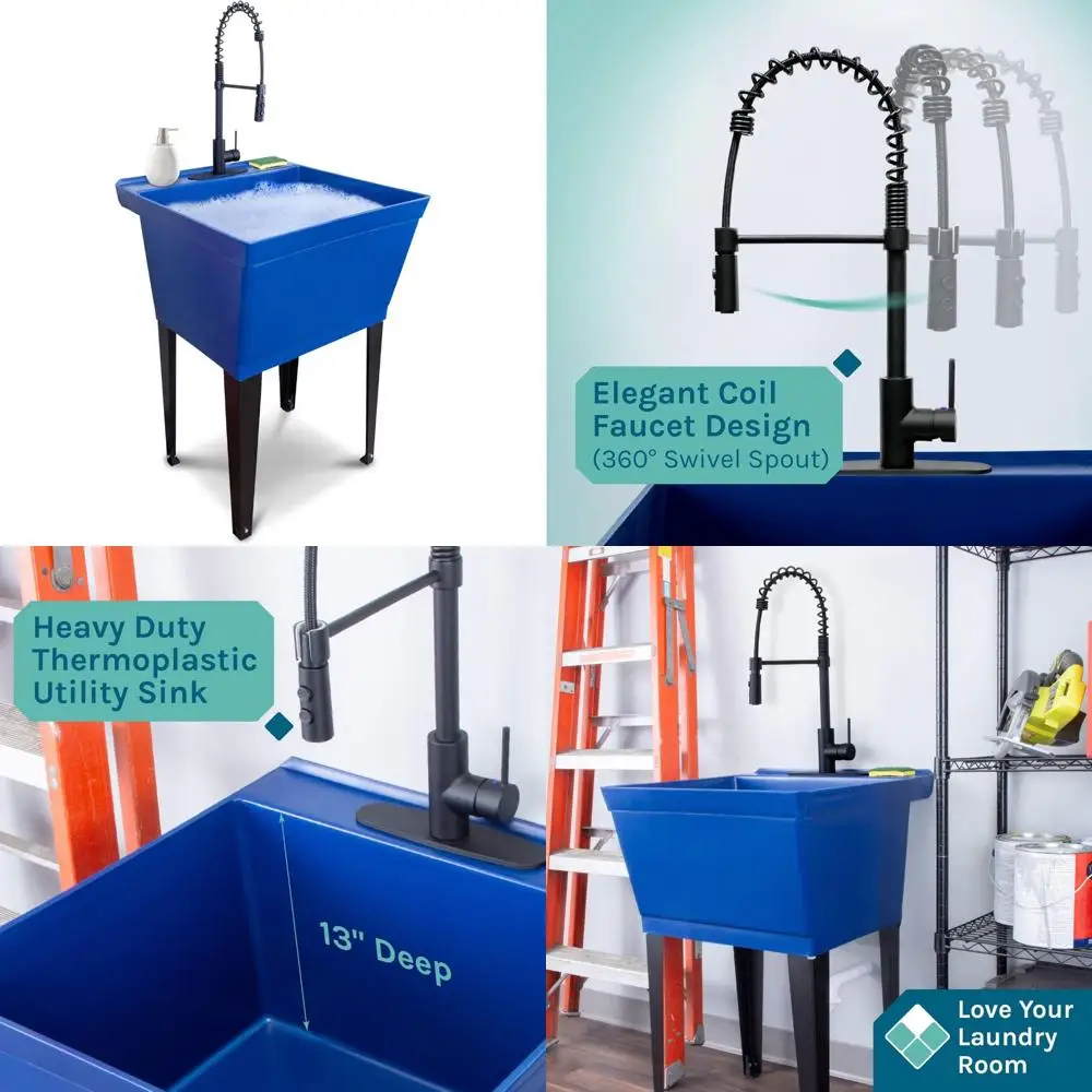 

Extra-Deep Blue Laundry Tub with High-Arc Black Spray Faucet, Integrated Lines, P-Trap K for Utility Sink