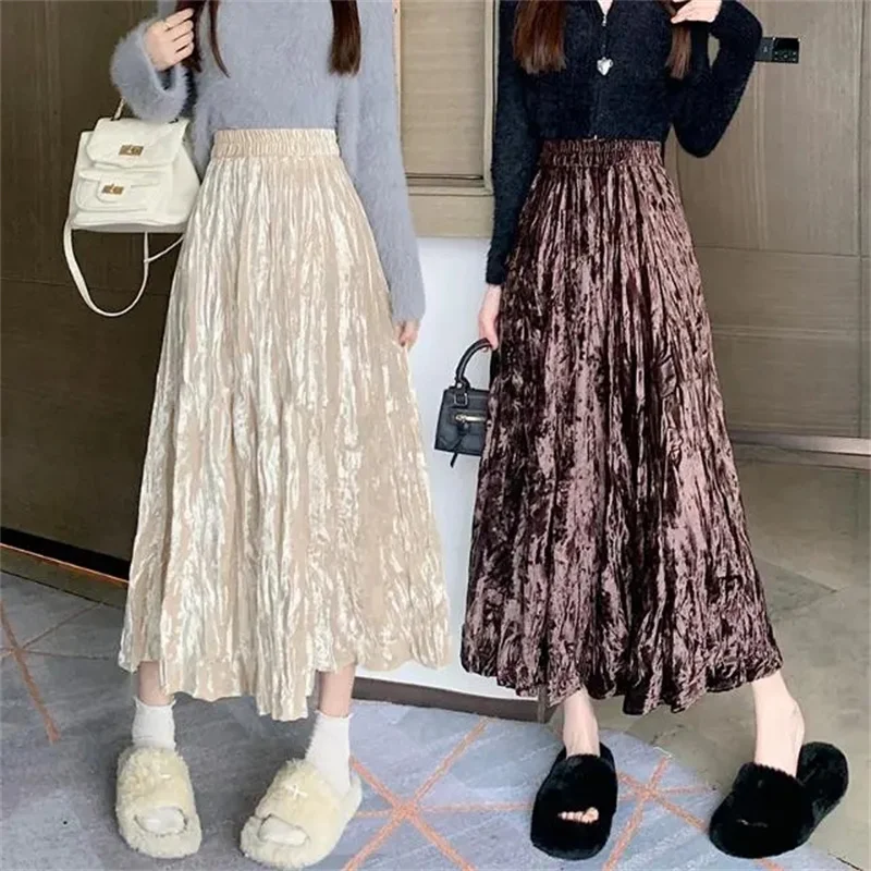 Retro New Fashion Beautiful Velvet Padded Skirt Women Fall High Waist Split Casual A-line Straight Glossy Velvet Long Skirt