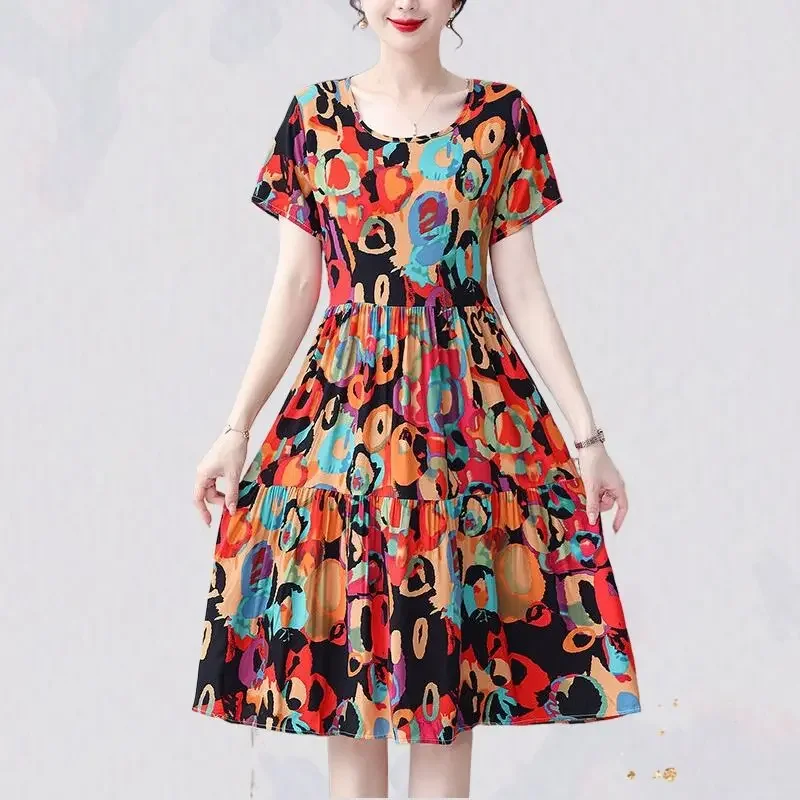 Floral Boho Beach Dresses for Women Flower Midi Short Sleeve Woman Dress Kpop Elegant Chic Pretty Elastic Vintage Clothing Party