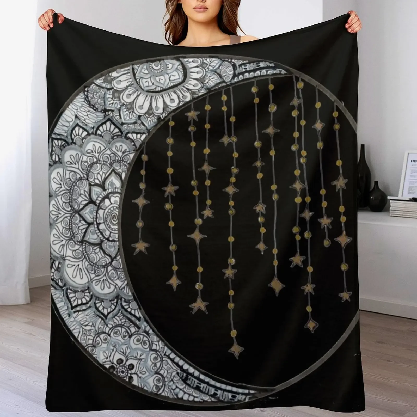 

Star Strung Moon: glimmer (black backround) Throw Blanket Warm Plush Fuzzy Blanket for Living Room