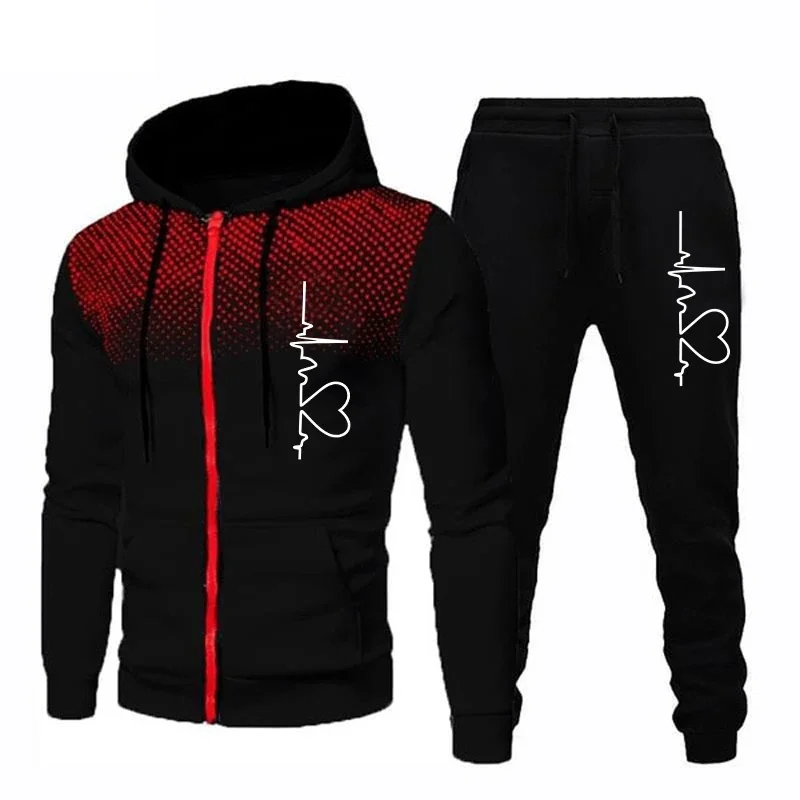 Autumn Winter Mens Tracksuits Casual Heart Print Zipper Hooded Sweatshirt+Sweatpants 2 Piece Set Round Dot Coat Jogging Clothing