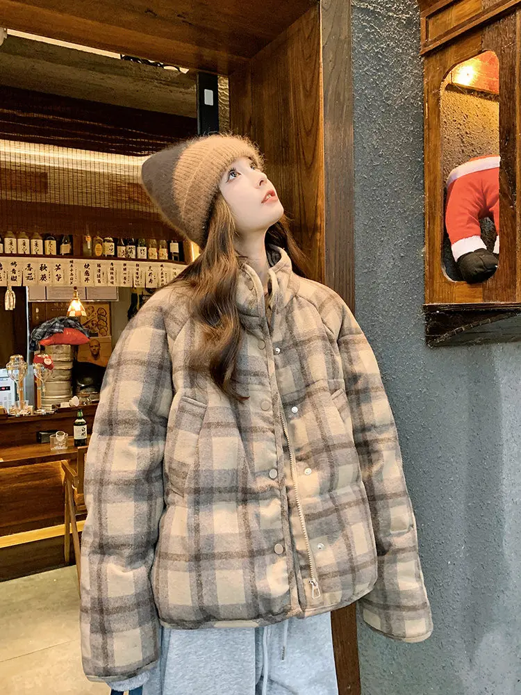 Retro Plaid Short Padded Jacket for Women Autumn Winter Maillard Style Thick Warm Outerwear Female Casual Korean Puffer Jackets