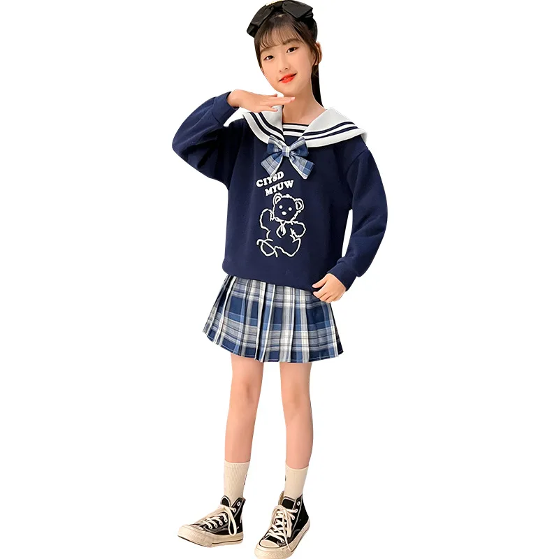 2pcs Sets 2024 autumn winter children Girls Clothes Sailor bear T-shirt  Sweatshirt + JK Plaid short Skirt 8 10 12 Year Outfits