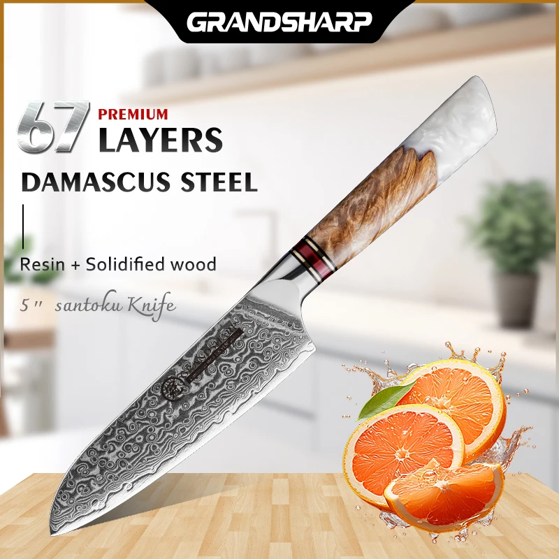 

Grandsharp 5Inch Santoku Knife 67 Layers Damascus Steel Kitichen Knives 10Cr15C0Mov For Fruit Meat Cooking Tools Resin Handle