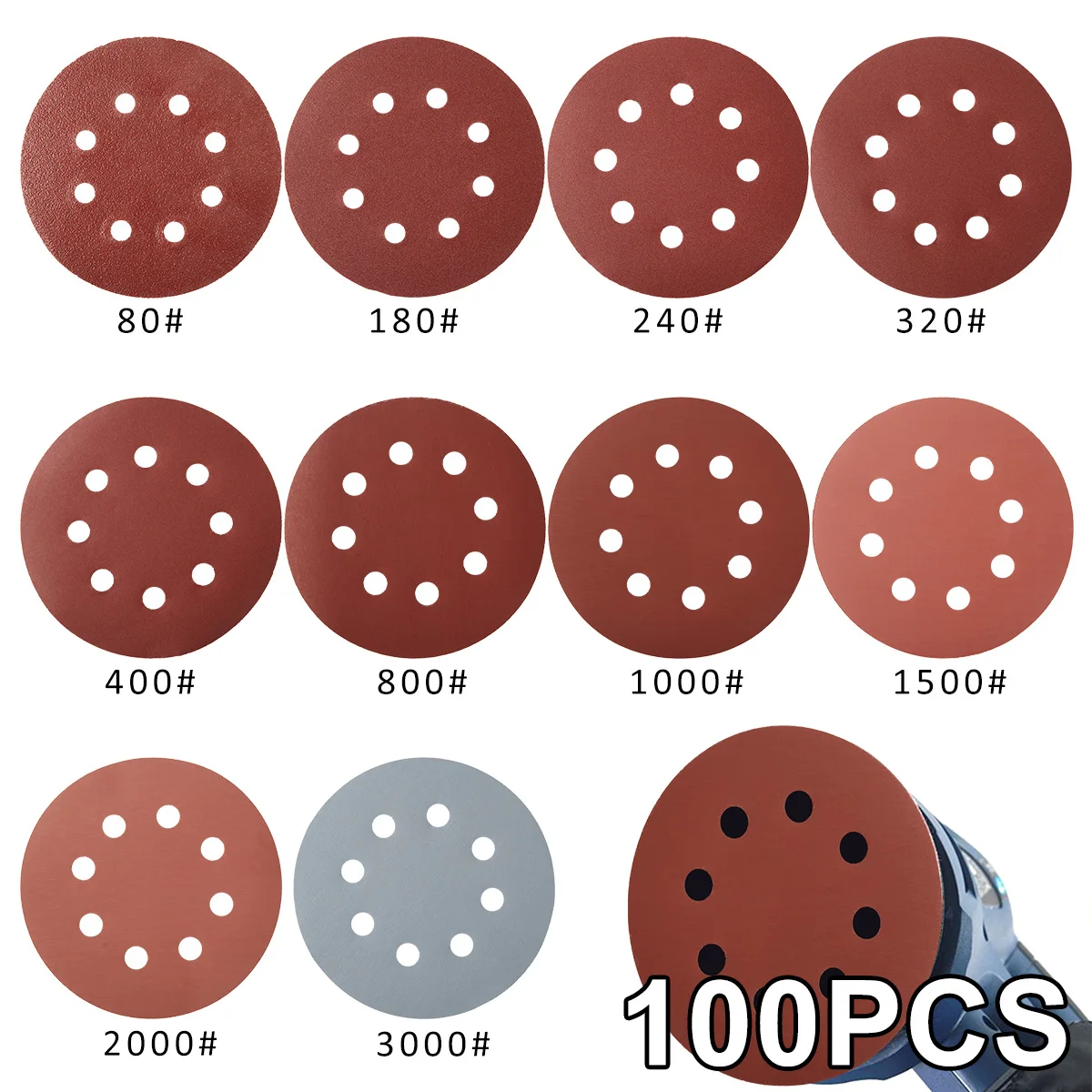 100 szt. tarcz szlifierskich 5-calowa 8-otworowa tarcza szlifierska z tlenku glinu Arkusz szlifierski Papier ścierny do polerowania metalu Drewno Szkło Narzędzie ścierne do samochodu
