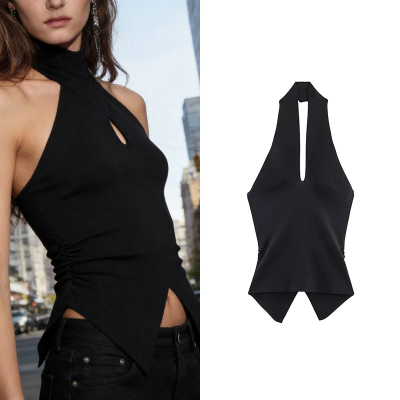 

Black Halter Neck Backless Top - Sleeveless Knit Hollow Slim Shirt, Fashion Party Style