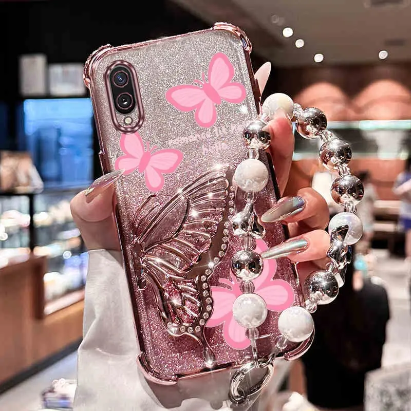 Strap Glitter Cute Pink Butterfly Phone Holder Case For Samsung Galaxy A02 A03 Core M02 A02s A03s A04E A04 A05 A05S A06 F04 M04