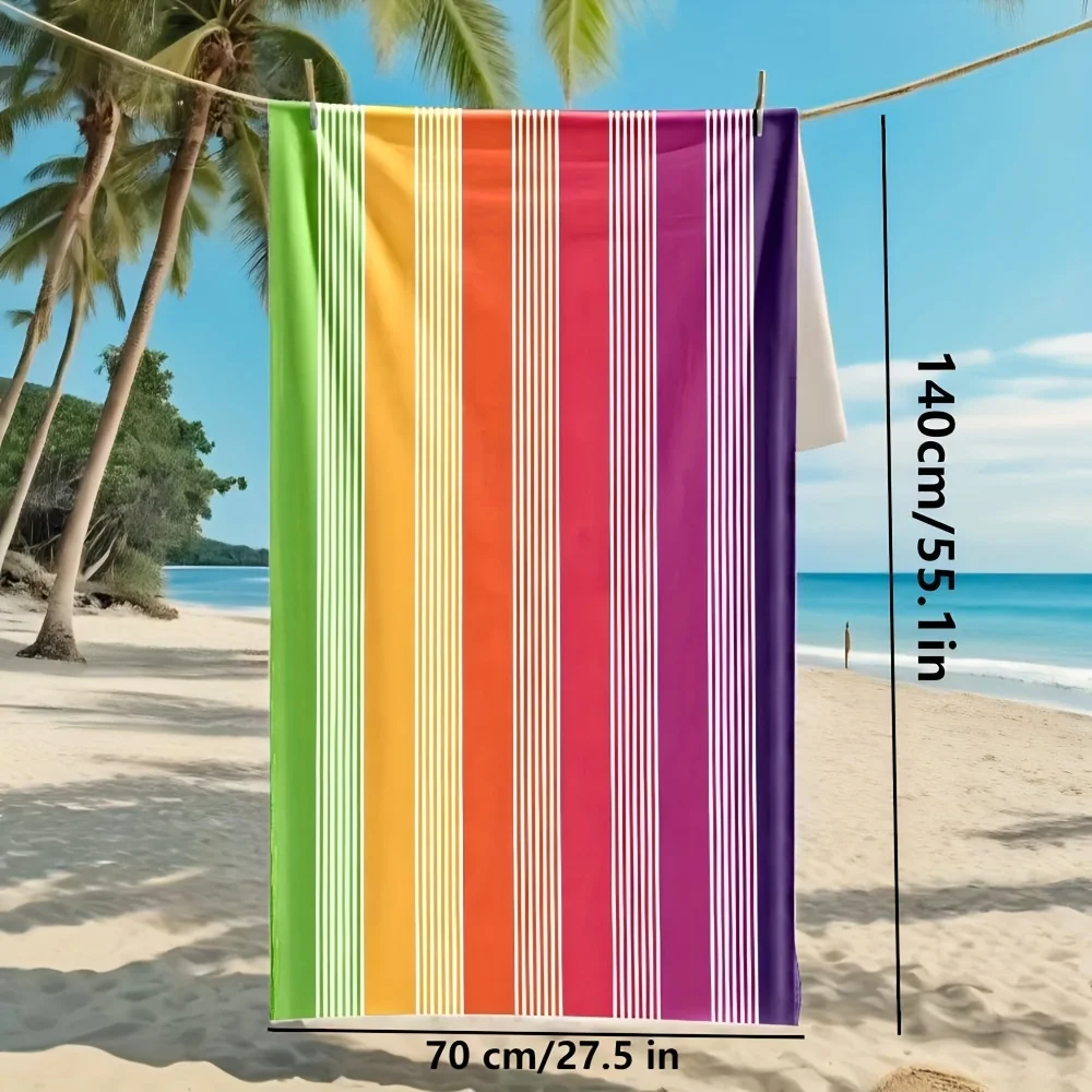 Oversized Rainbow Striped Beach Towel - Soft Absorbent Microfiber, Tropical Coastal Design, High Colorfastness & Fade-Resistant,